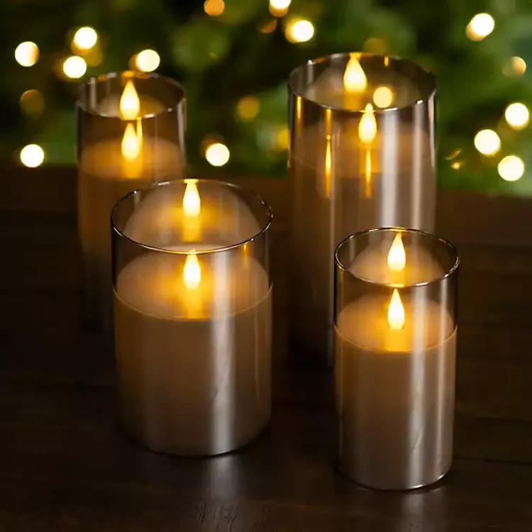 Flameless Candles>Kirklands Home LED Soft Flame Glass Pillar Candle, 4x8 in. Gray