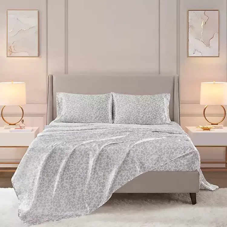 Kirklands Home Gray Leopard Print Satin 4-pc. Queen Sheet Set New
