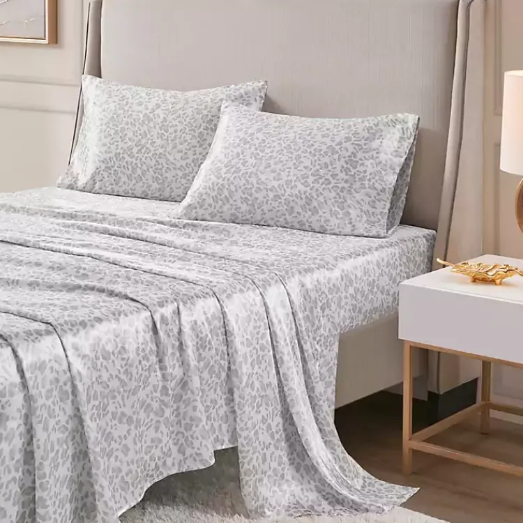 Kirklands Home Gray Leopard Print Satin 4-pc. Queen Sheet Set New