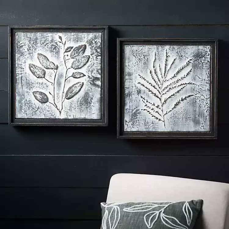Kirklands Home Gray Metal Raised Leaf Wall Plaques, Set of 2 New