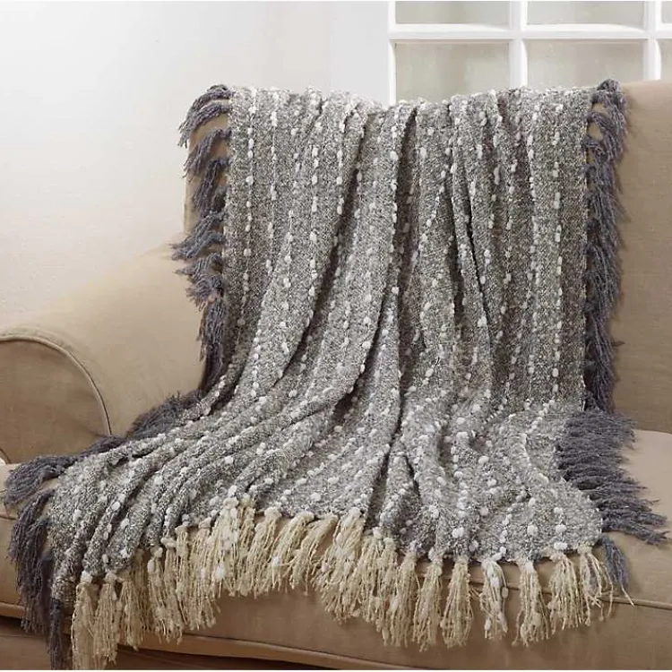 Blankets & Throws>Kirklands Home Petite Pom Pom Throw with Tassels Gray