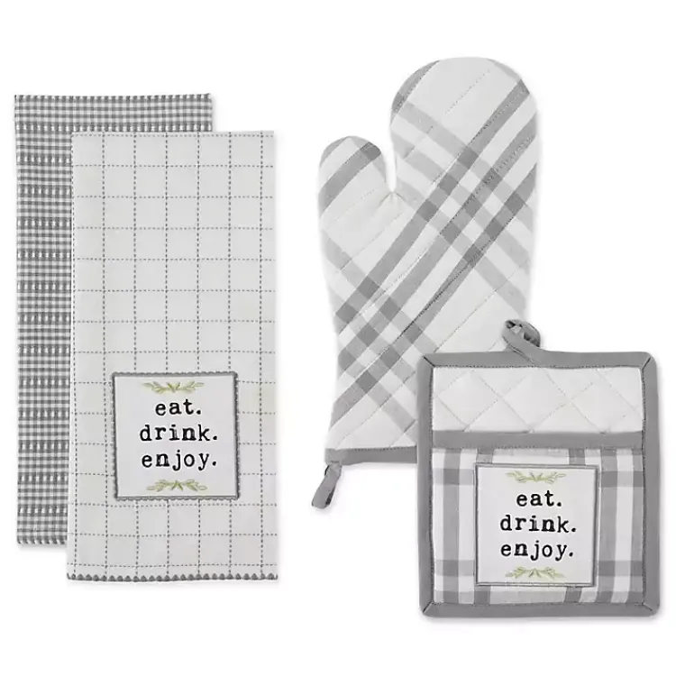 Kirklands Home Gray Plaid Eat Drink Enjoy 4-pc. Dish Towel Set
