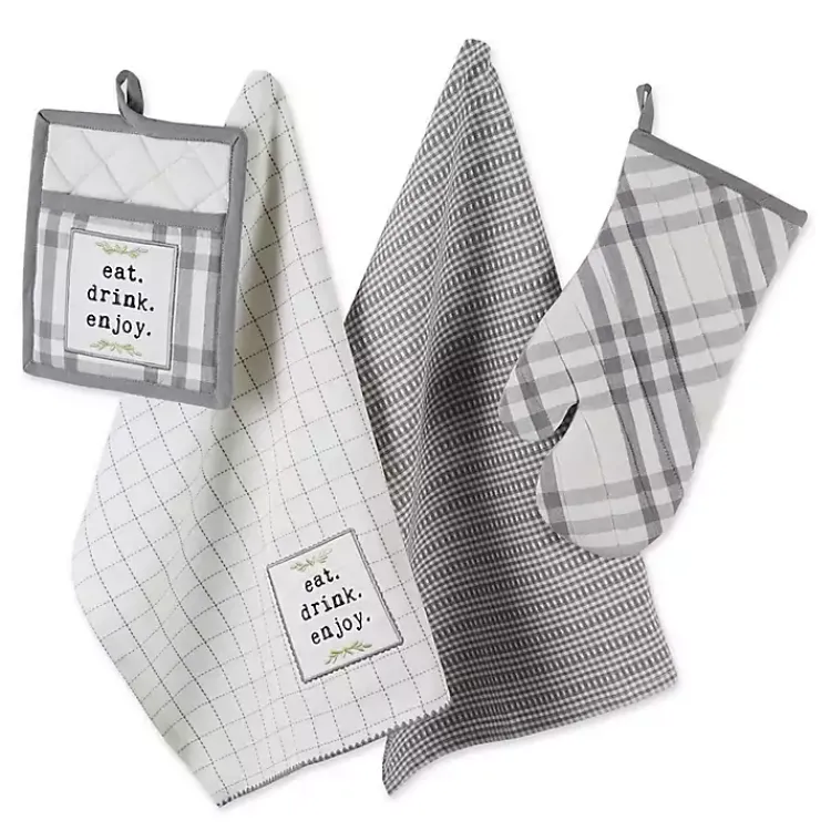 Kirklands Home Gray Plaid Eat Drink Enjoy 4-pc. Dish Towel Set