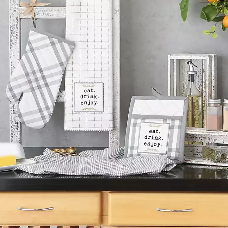 Kirklands Home Gray Plaid Eat Drink Enjoy 4-pc. Dish Towel Set