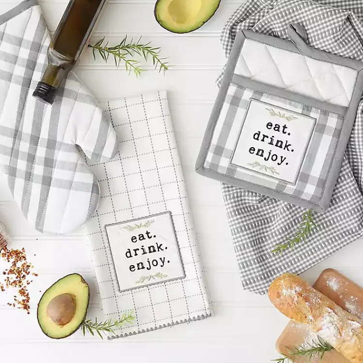 Kirklands Home Gray Plaid Eat Drink Enjoy 4-pc. Dish Towel Set