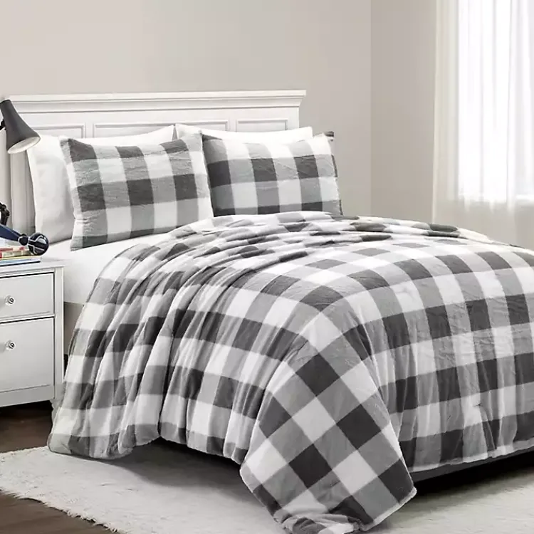 Kirklands Home Gray Plaid Faux Fur 3-pc. Full/Queen Comforter Set Discount