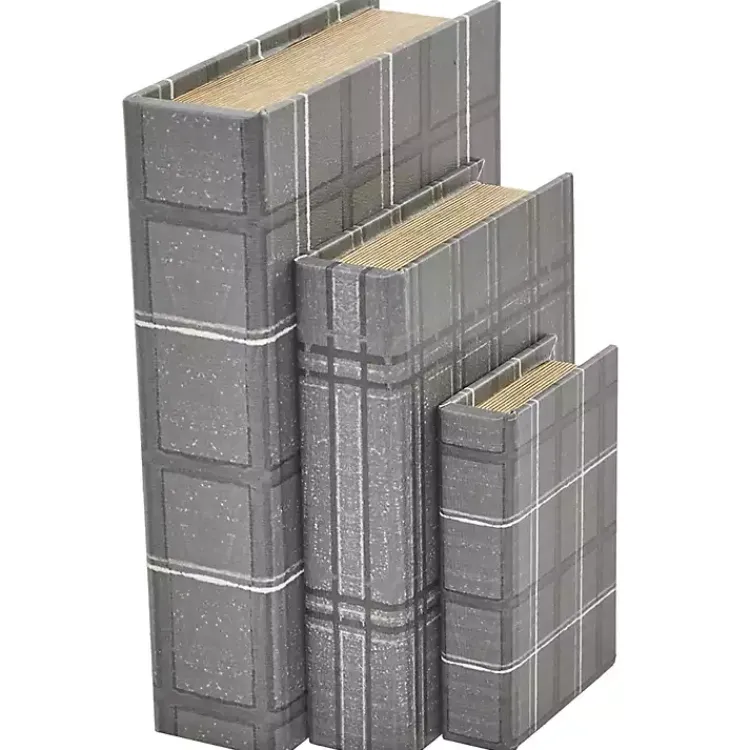 Baskets & Boxes>Kirklands Home Plaid Faux Leather Book Boxes, Set of 3 Gray