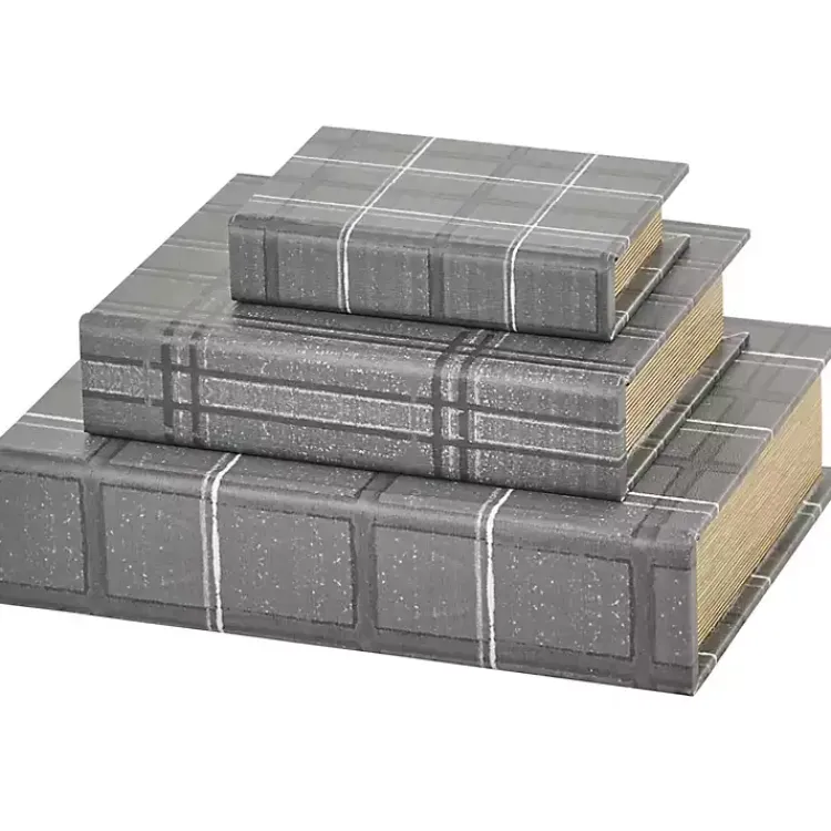 Baskets & Boxes>Kirklands Home Plaid Faux Leather Book Boxes, Set of 3 Gray