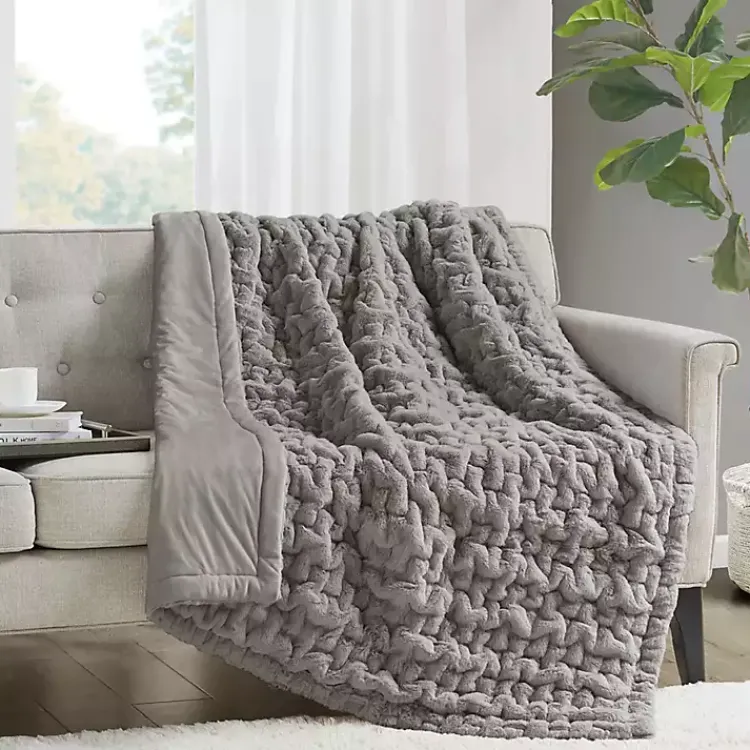Blankets & Throws>Kirklands Home Ruched Faux Fur Throw Gray