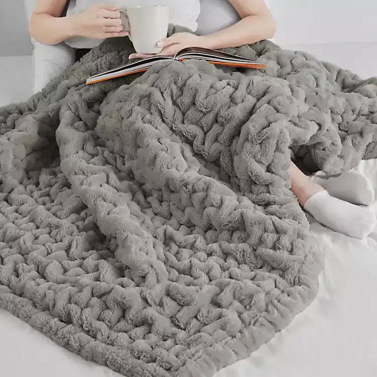 Blankets & Throws>Kirklands Home Ruched Faux Fur Throw Gray