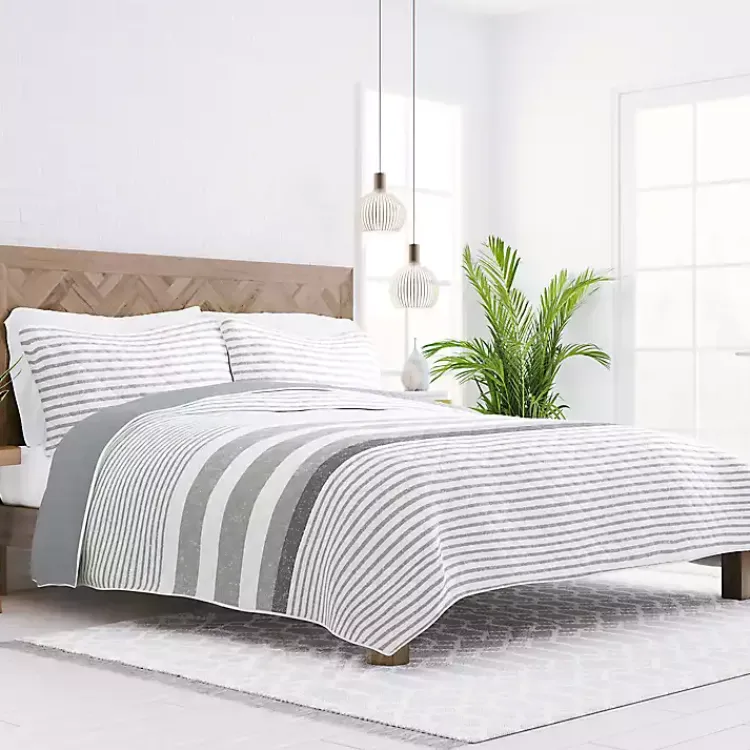 Kirklands Home Gray Striped Reversible 3-pc. Queen Quilt Set Outlet