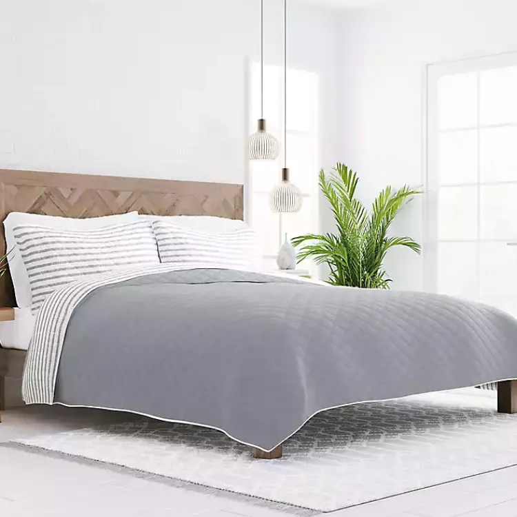 Kirklands Home Gray Striped Reversible 3-pc. King Quilt Set Discount