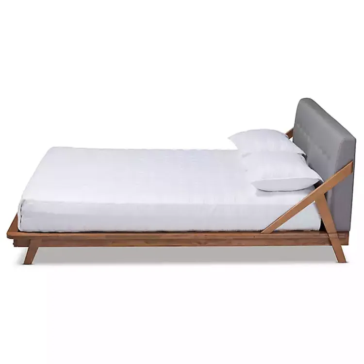 Kirklands Home Tufted and Natural Walnut King Platform Bed Gray New