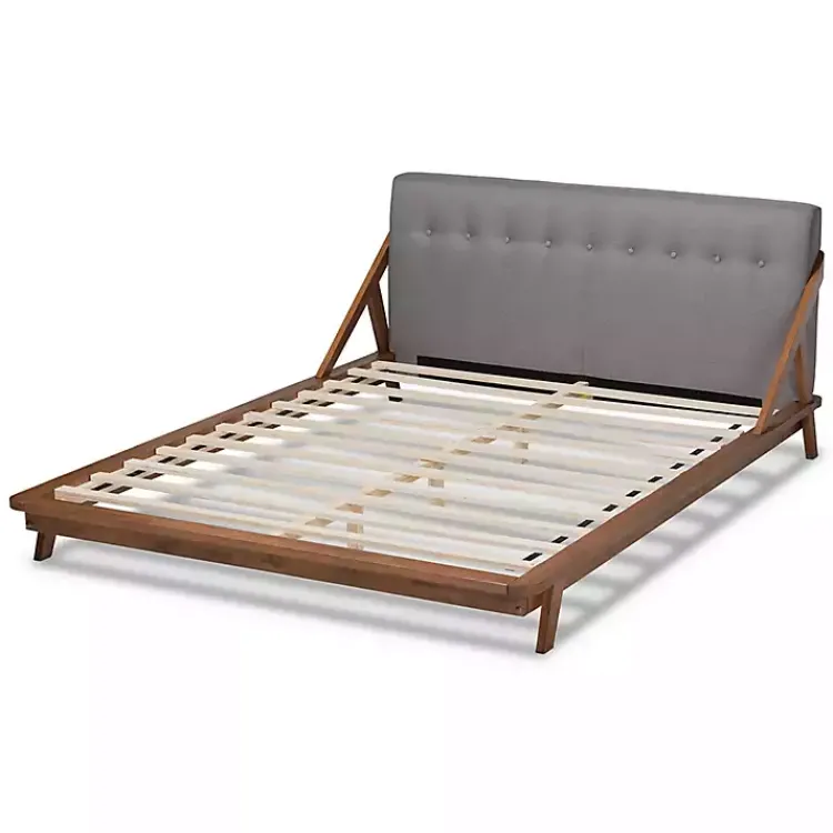 Kirklands Home Tufted and Natural Walnut King Platform Bed Gray New