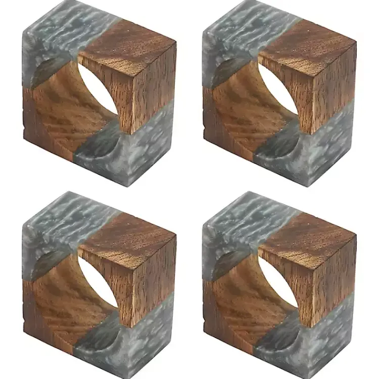 Kirklands Home Gray Wood and Resin Square Napkin Rings, Set of 4 Outlet