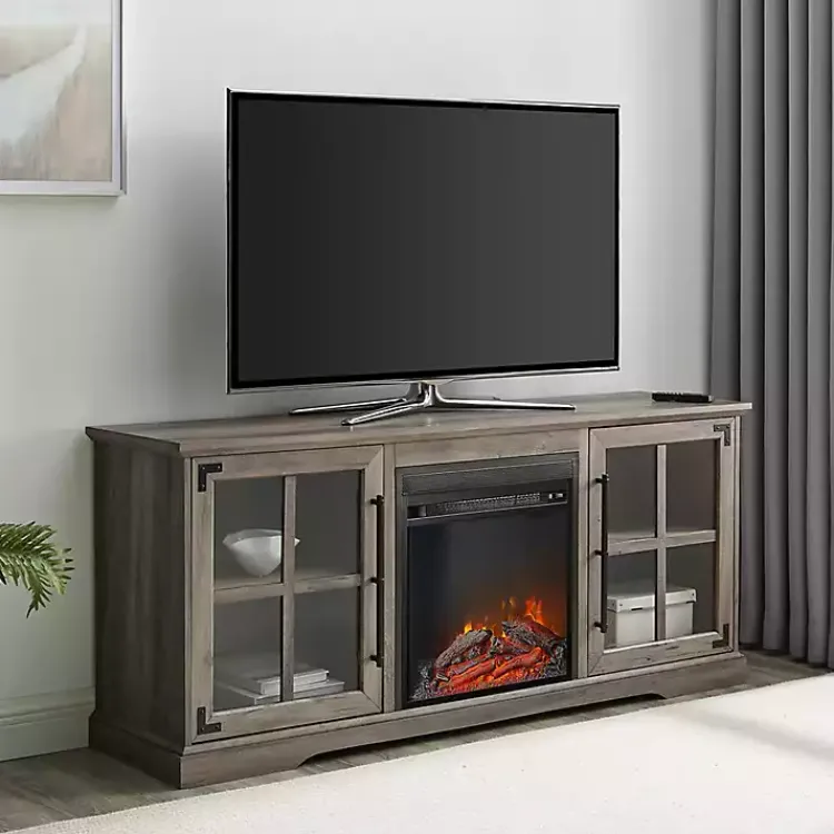 Kirklands Home Wood 2-Door LED Fireplace Cabinet Gray New