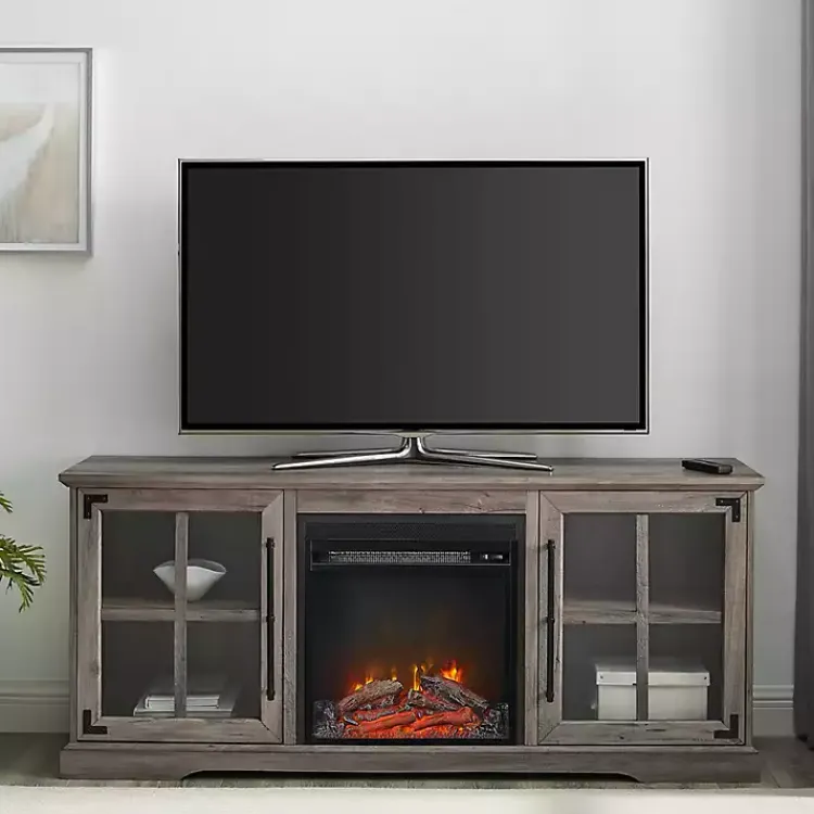 Kirklands Home Wood 2-Door LED Fireplace Cabinet Gray New