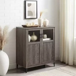 Kirklands Home Wood Glass Windows Storage Cabinet Gray Sale