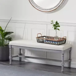 Kirklands Home Wood Upholstered Burlap Seat Bench Gray Outlet