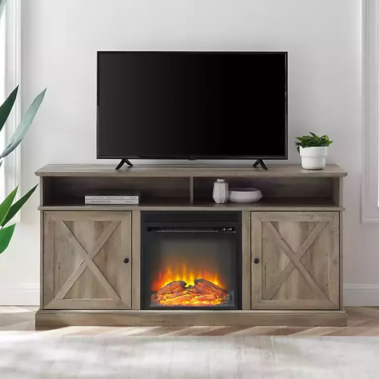 Kirklands Home Graywash Rustic Fireplace Cabinet Brown Discount