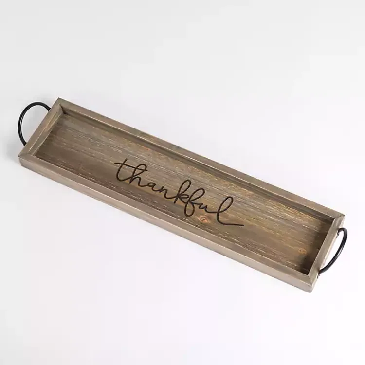 Decorative Trays>Kirklands Home wash Wood Thankful Tray Gray