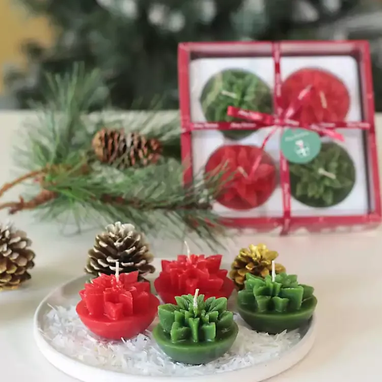 Christmas Decorations>Kirklands Home Green & Red Poinsettia Candles, Set of 4