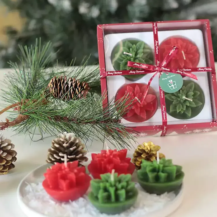 Christmas Decorations>Kirklands Home Green & Red Poinsettia Candles, Set of 4