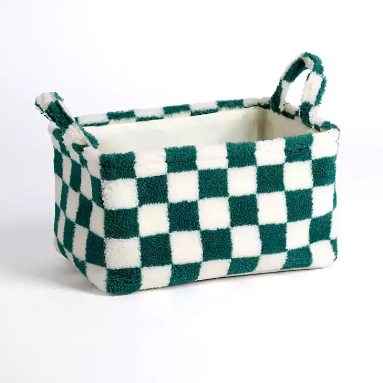 Baskets & Boxes>Kirklands Home & White Checkered Sherpa Storage Bin Green