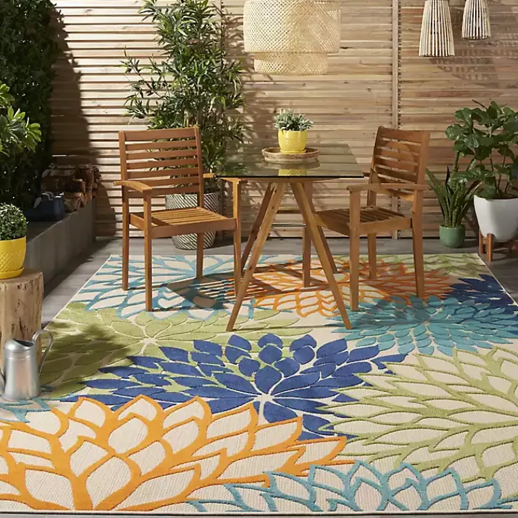 Kirklands Home Green and Blue Floral Burst Outdoor Area Rug, 6x9 Hot