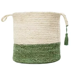 Baskets & Boxes>Kirklands Home Green and Cream Woven Basket with Tassel, 17 in.
