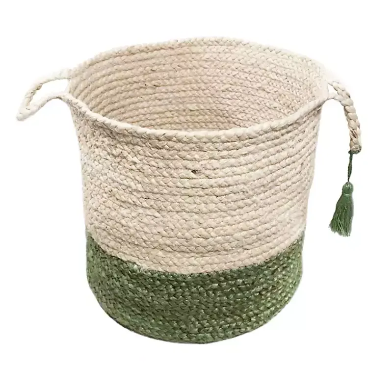 Baskets & Boxes>Kirklands Home Green and Cream Woven Basket with Tassel, 17 in.