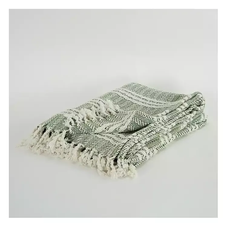 Blankets & Throws>Kirklands Home Green and Ivory Striped Cotton Throw