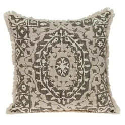 Pillows>Kirklands Home Green and Tan Medallion Fringe Pillow