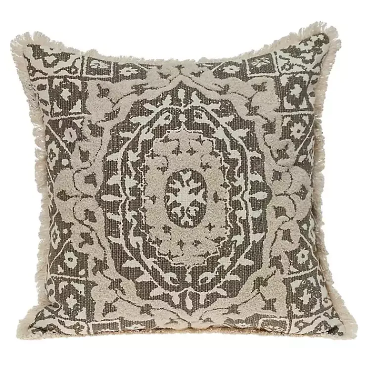 Pillows>Kirklands Home Green and Tan Medallion Fringe Pillow