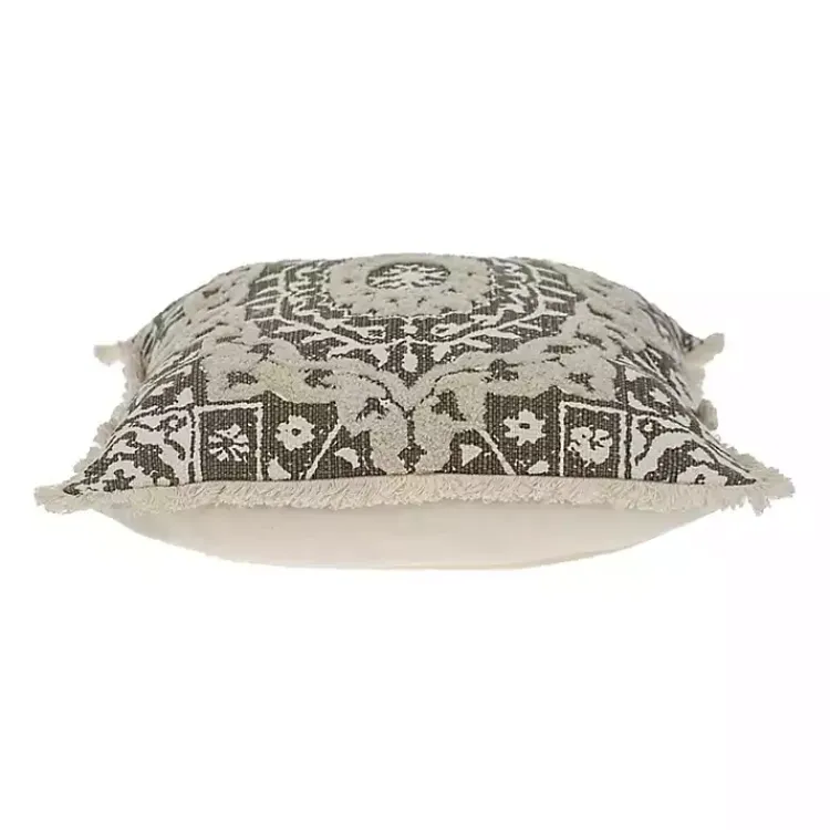 Pillows>Kirklands Home Green and Tan Medallion Fringe Pillow