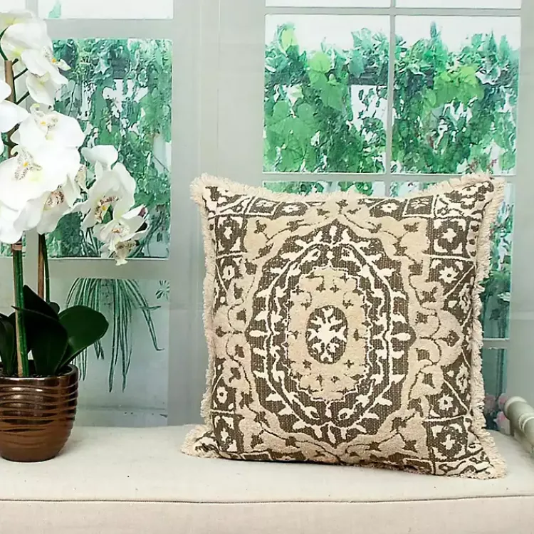 Pillows>Kirklands Home Green and Tan Medallion Fringe Pillow