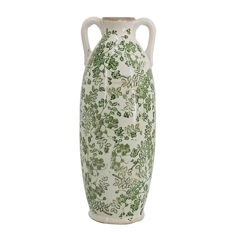 Vases>Kirklands Home Green and White Floral Ceramic Vase, 15.6 in.