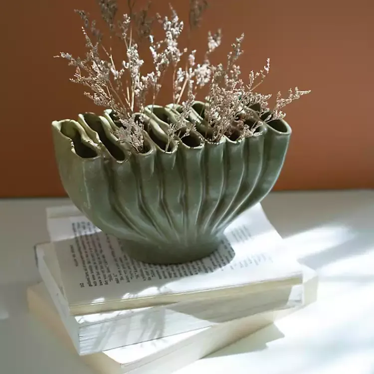 Vases>Kirklands Home Ceramic Wavy Folds Vase Green