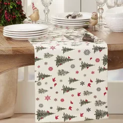 Kirklands Home Green Christmas Trees and Snowflakes Table Runner Discount