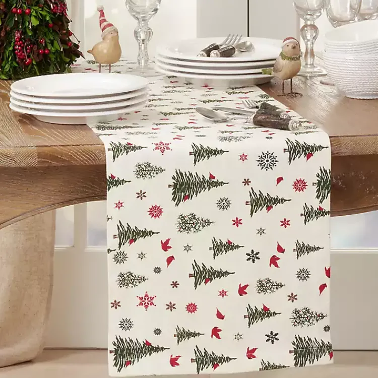 Kirklands Home Green Christmas Trees and Snowflakes Table Runner Discount