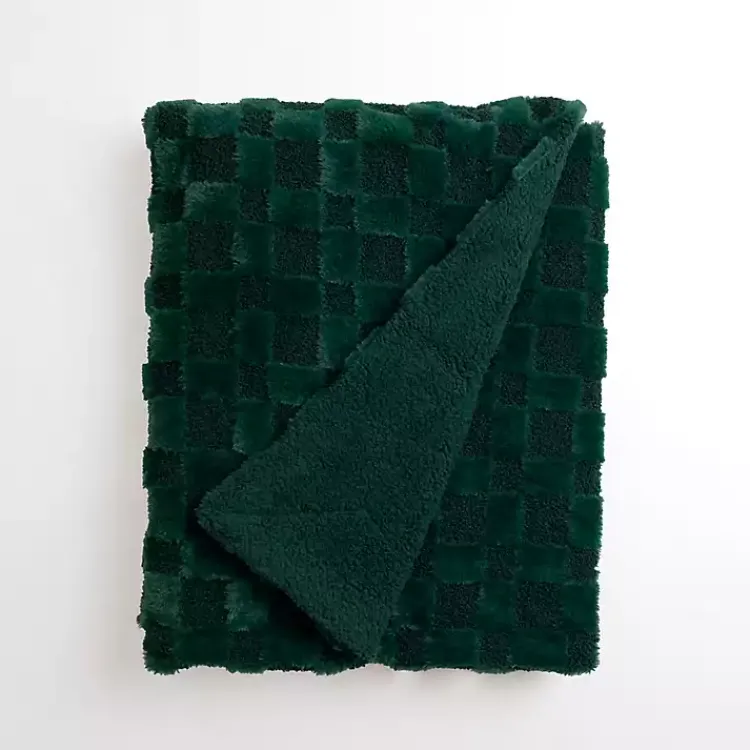 Blankets & Throws>Kirklands Home Faux Fur and Boucle Checkerboard Throw Green