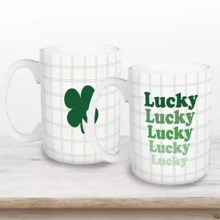 St Patricks Day Decorations>Kirklands Home Green Lucky Plaid Mugs, Set of 2