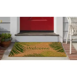 Kirklands Home Green Palm Fronds Welcome Coir Doormat New