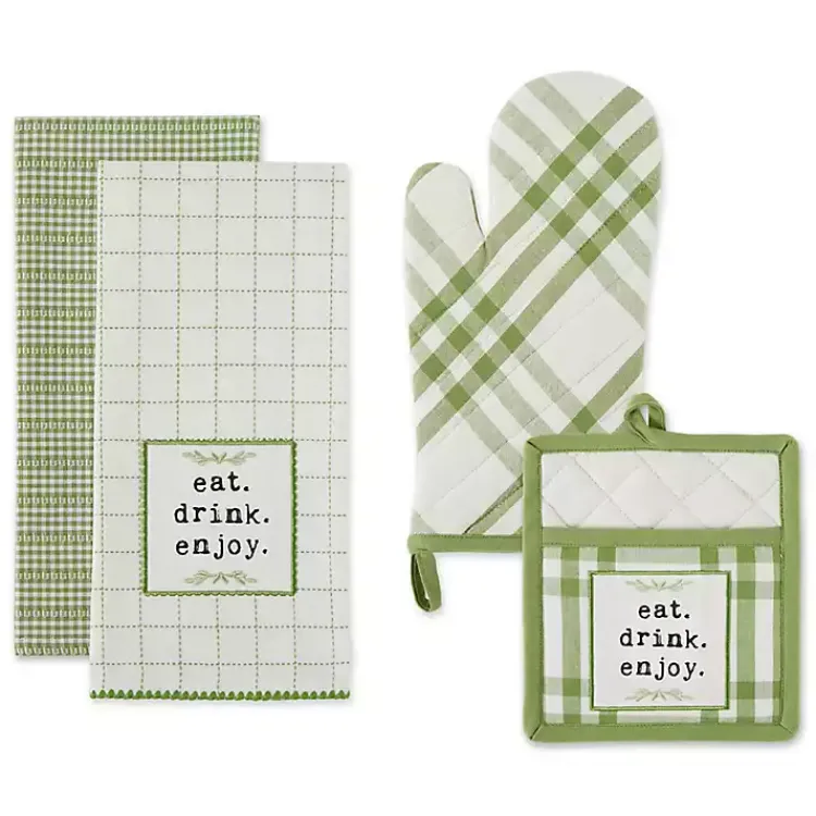 Kirklands Home Green Plaid Eat Drink Enjoy 4-pc. Dish Towel Set New
