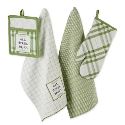 Kirklands Home Green Plaid Eat Drink Enjoy 4-pc. Dish Towel Set New