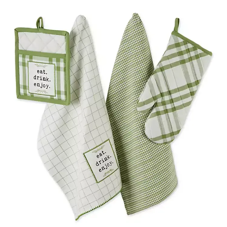 Kirklands Home Green Plaid Eat Drink Enjoy 4-pc. Dish Towel Set New