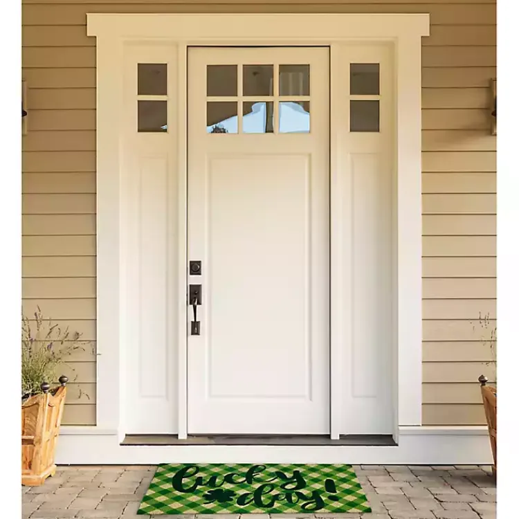 St Patricks Day Decorations>Kirklands Home Green Plaid Lucky Day Doormat