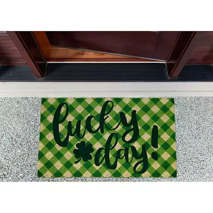 St Patricks Day Decorations>Kirklands Home Green Plaid Lucky Day Doormat