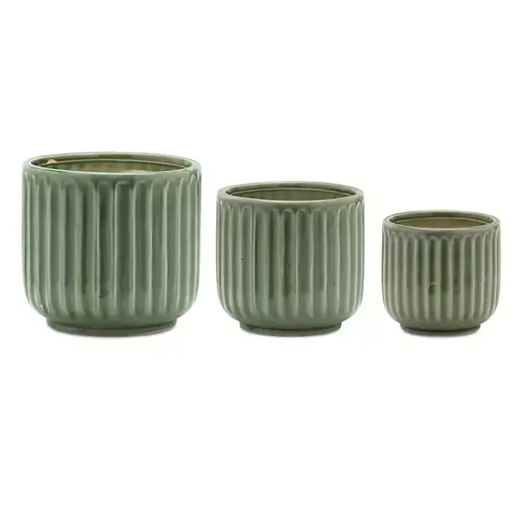 Kirklands Home Ribbed Terracotta Planters, Set of 3 Green Outlet