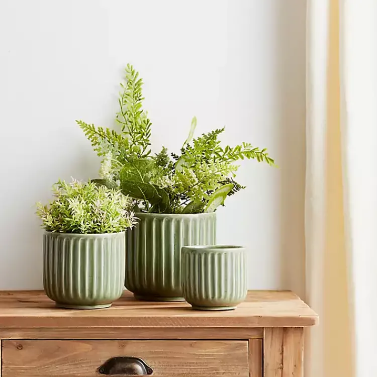 Kirklands Home Ribbed Terracotta Planters, Set of 3 Green Outlet
